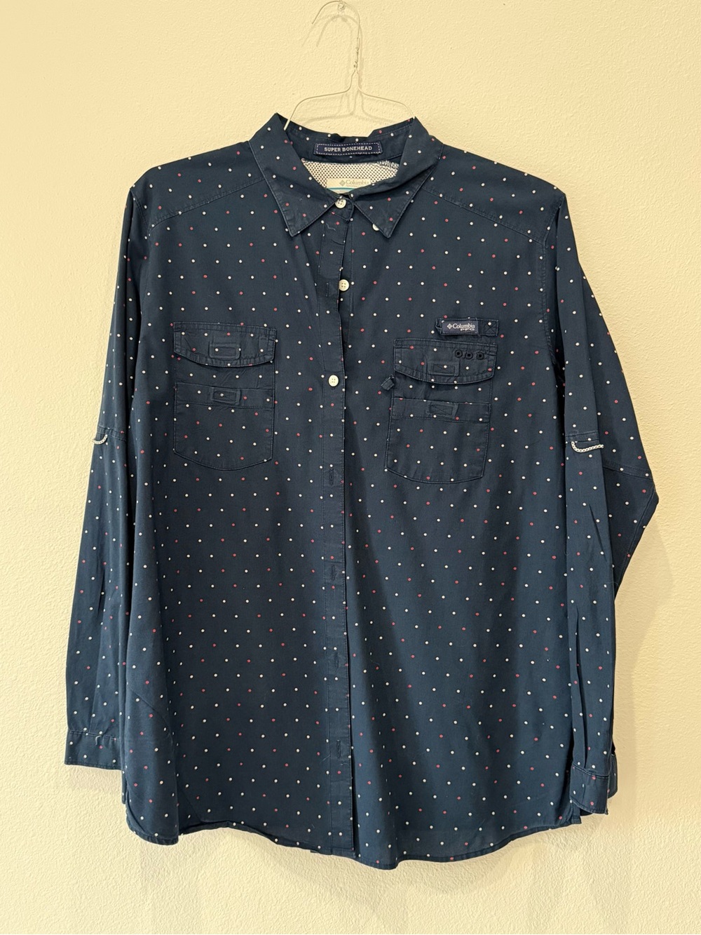 Columbia Navy Button-Down Shirt with Red and White Dot Print